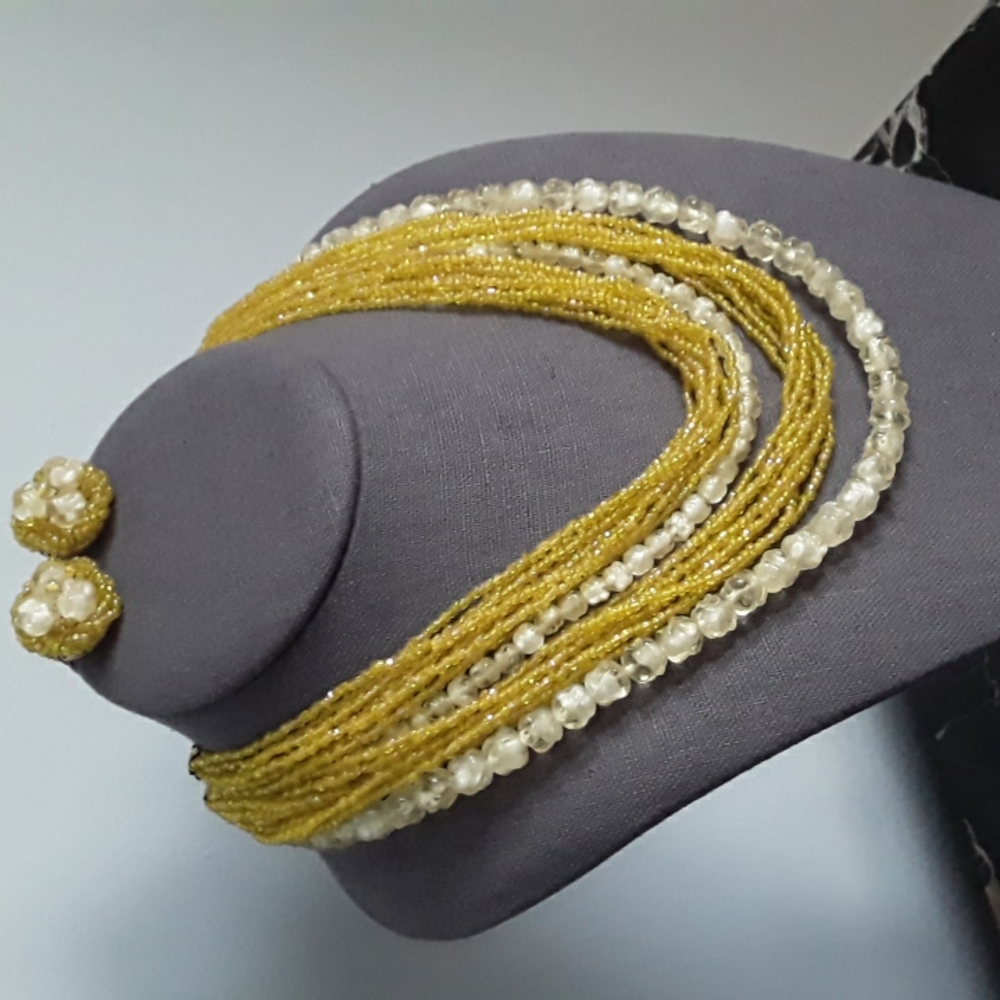 50's Auth Elsa Schiaparelli Multi Strand Glass Bead & Earrings Set, yellow